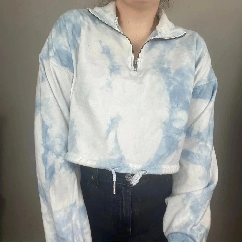 Tan Lines Blue and White Tie‎ Dye Cropped Quarter Zip Sweatshirt